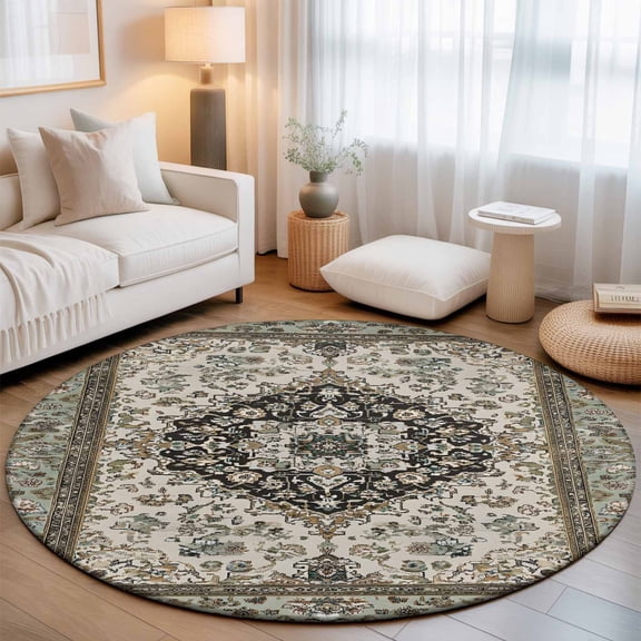 Small Round Rug 3Ft, Retro Boho Non-Slip Washable Circle Rugs Carpet, Farmhouse Neutral Ethnic Florals Motifs Indoor Outdoor Rug Floor Mats Throw Runner for Bedroom Living Room Bathroom