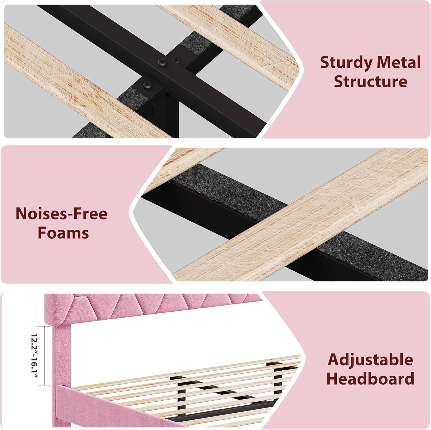 IDEALHOUSE Pink King Bed Frame with Upholstered Headboard, Heavy-Duty Platform Bed Frame with Strong Wood Slats, No Box Spring Needed/Noise Free/Easy Assembly