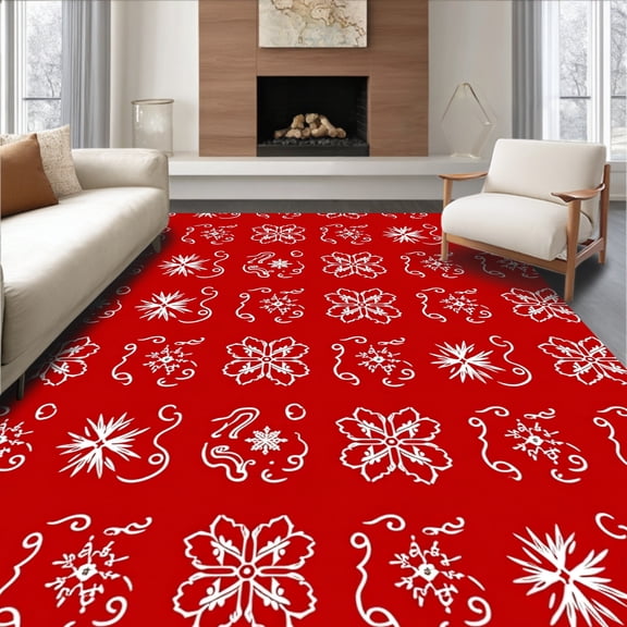 ODIKA 4'x6' Machine Washable Non-Slip Area Rug, Magical Frosty Evening Wonderland Embellishment High Traffic Rug, Red, 505859