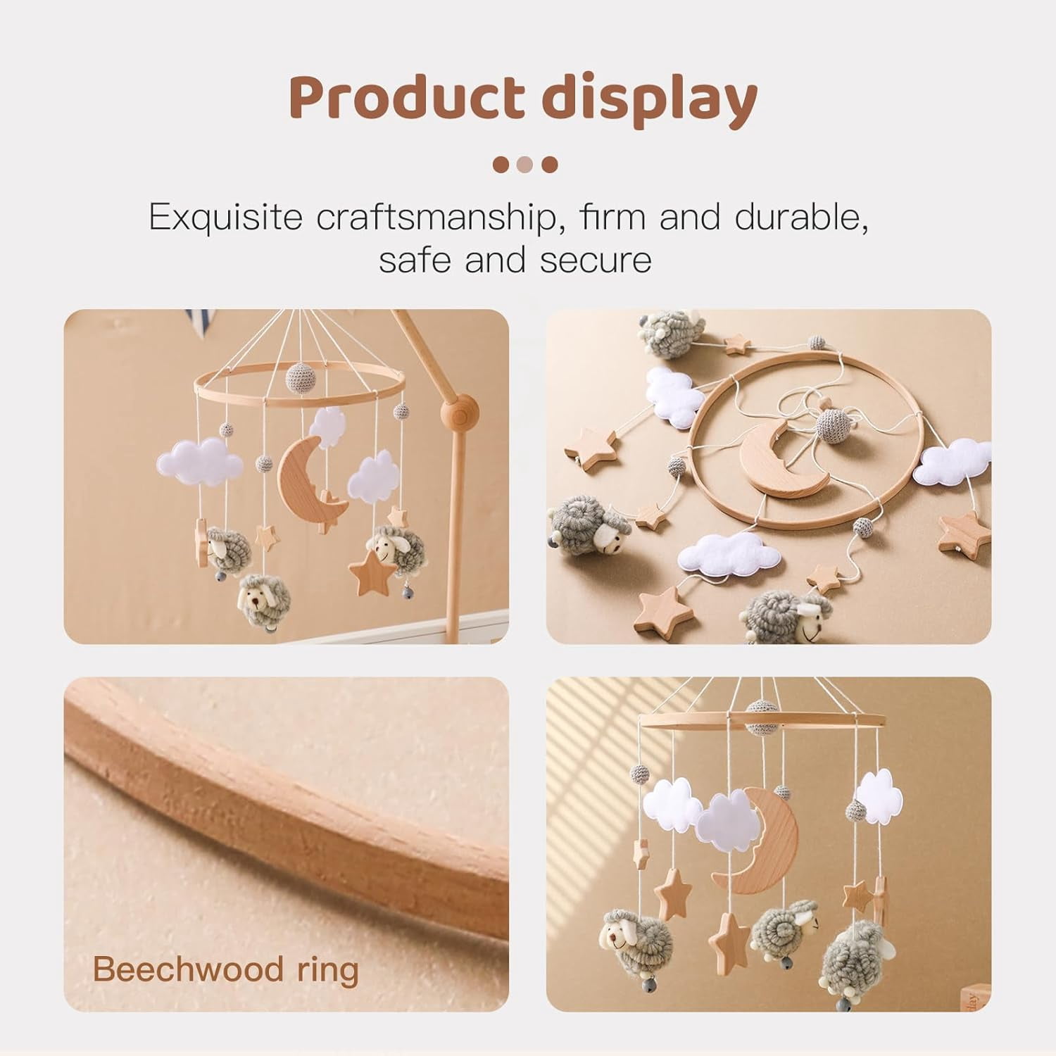 Wooden Baby Crib Mobile – Montessori-Inspired Nursery Decor with Soft Neutral Tones, Handcrafted Hanging Toy for Newborns 0-6 Months, Calming Visual & Sound Stimulation Gift​