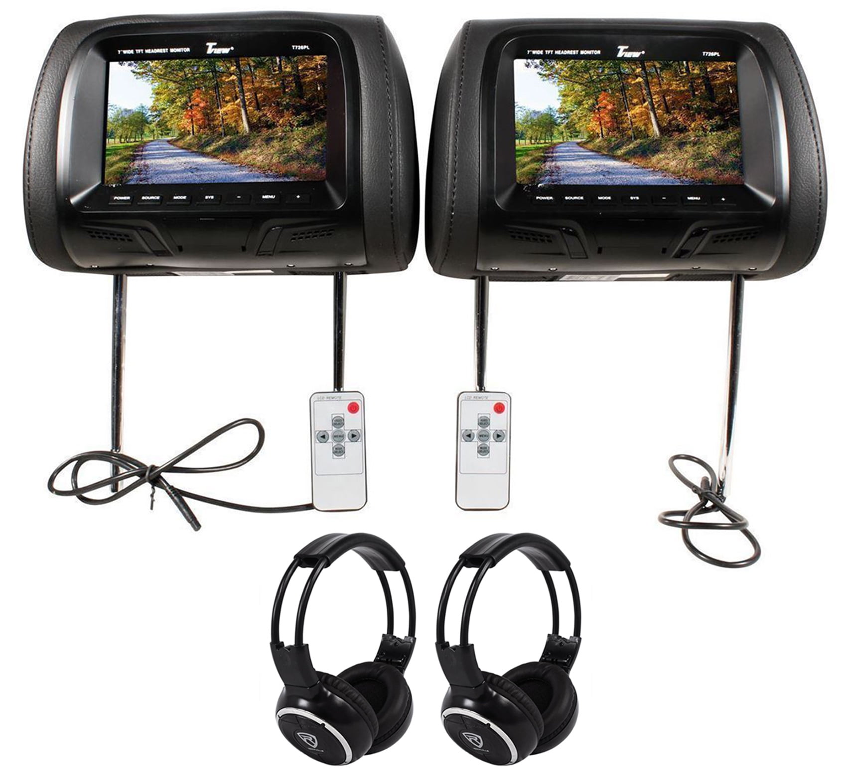 Pair of Tview T726PLBK 7" Black Car Headrest Monitors + 2 Wireless