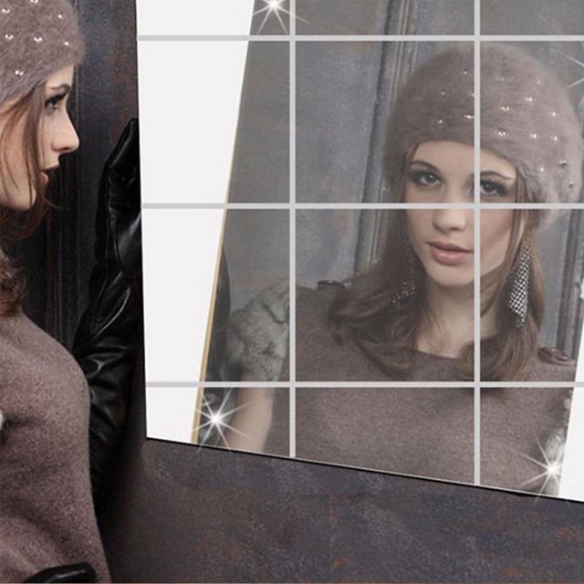 Self Adhesive Mirror Tile, Estink 16pcs Decorative Square Acrylic Tiles Mirror Wall Stickers for