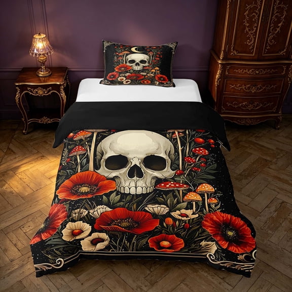 Homewish Death Skull Twin Duvet Cover, Hippie Mushroom Flower Twin Bedding, Black Reversible 2pcs, 1 Duvet Cover and 1 Pillowcase