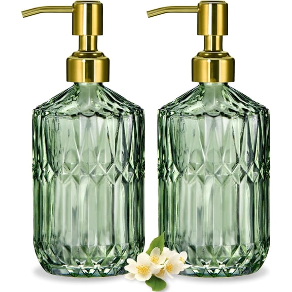 17 Oz Green Glass Kitchen Soap Dispenser for Dish Soap, 2 Pack Bathroom Soap Dispenser Set with Gold Rust-Proof Pump for Lotion, Hand Soap, or Body Wash