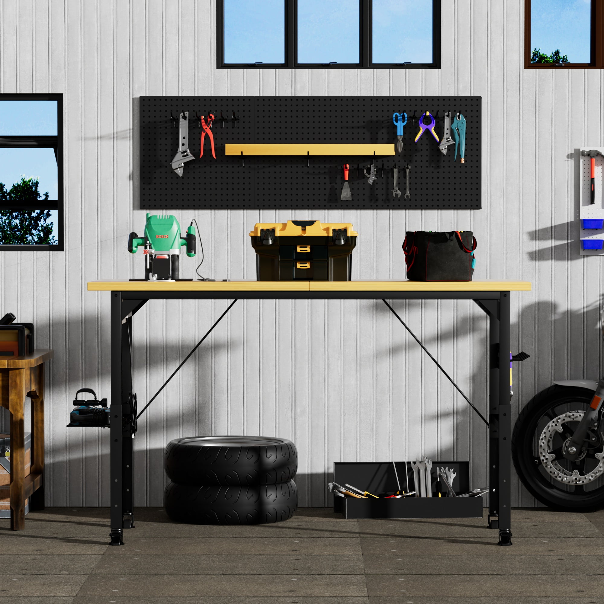71" Adjustable Workbench with Pegboard, Heavy Duty Wooden Desktop Workbench with Wheels, 1600 lb. Load Capacity, Rolling Workbench with AC/USB Outlet,Hooks,Shelf for Garage,Workshop,Office,Home