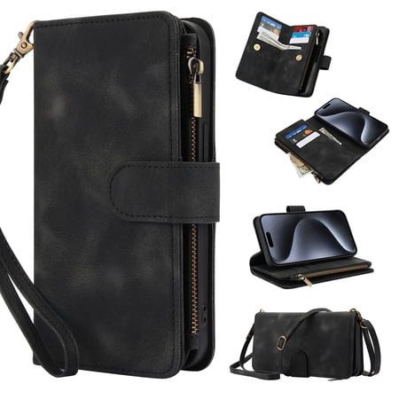 for iPhone XS Max Wallet Case with Card Holder for Women Men, Phone Case RFID Blocking PU Leather Flip Shockproof Cover with Shoulder + Wrist Strap Zipper Credit Card Slots Stand, Black