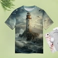 thumbnail image 4 of Lighthouse Sunrise Coast Scenery Pale Blue Tan Womens Tops Women's Fashion Casual Short Sleeve Flower Print Round Neck Pullover Top Blouse, 4 of 6