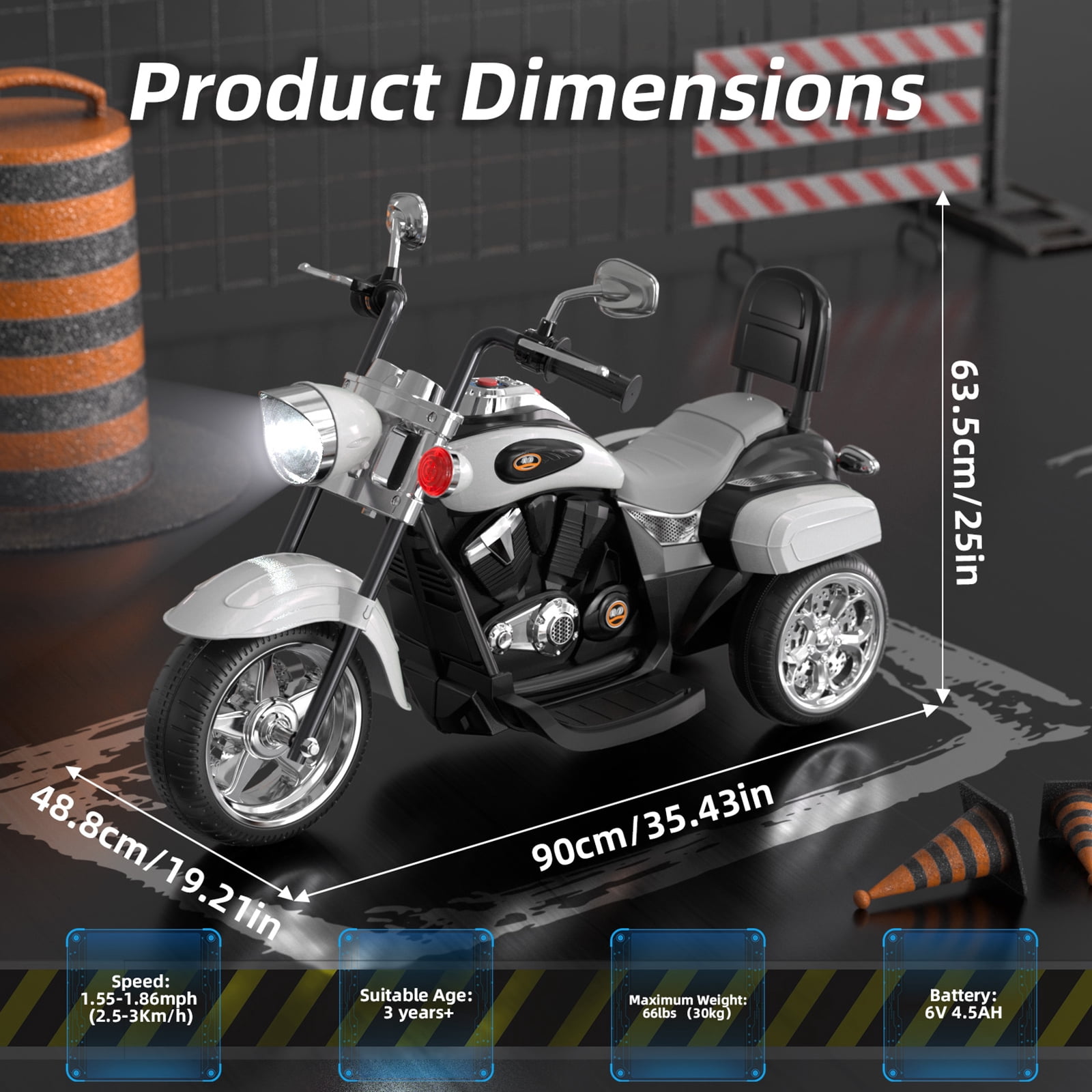 KORIMEFA 3 Wheel Kids Ride On Motorcycle 6V Battery Powered Electric Toy White
