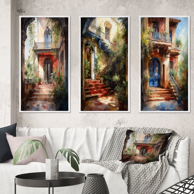 Designart "Country Cottage Entry Rustic Charm II" Farm Framed Wall Art Set Of 3 - White Country Frame Canvas Set For Living Room Decor