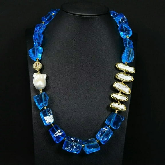 K-KED Natural Blue Glass Quartz Rough White Biwa Keshi Pearl Choker Necklace 22"