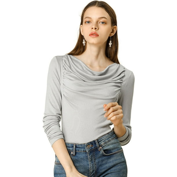 INSPIRE CHIC Blusa Top De Punto Acanalado Manga Larga Cuello Vuelto Para Mujer Gris XL