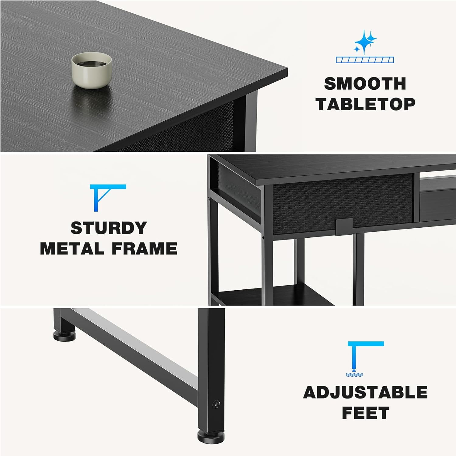 48 inch Computer Desk with Drawers, Modern Study Writing Table with Storage Shelves for Bedroom Home Office, Black