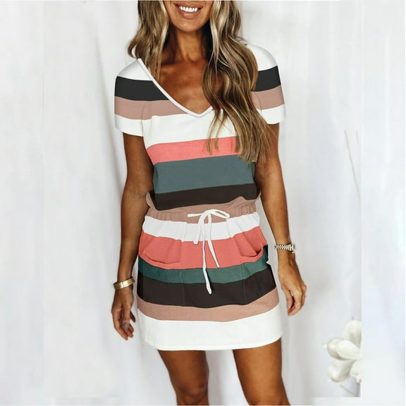 UTTOASFAY Womens Plus Size Dresses Women Casual V-Neck Short Sleeve Dress Bandage Stripe Printing Loose Dress Green 6(M)