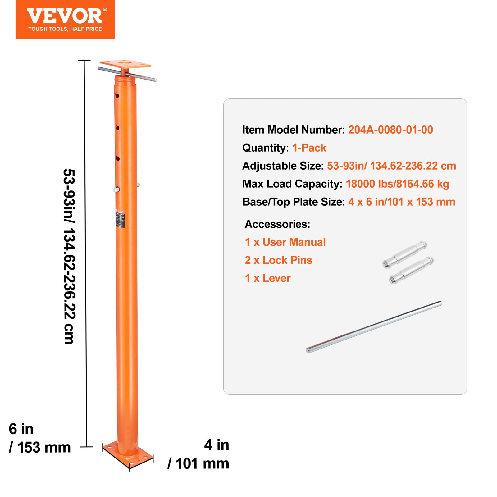 VEVOR House Floor Jack, 53"-93" Height Range, 18000 lbs Max Load Capacity, Adjustable Support Beam Basement Jack Post Pole for Leveling, Lift Support Steel Telescoping Jack Post for Temporary Support