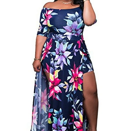 - Women's Sexy Off Shoulder High Split Beach Maxi Dress Floral Print Short Overlay Jumpsuit Romper Playsuit
