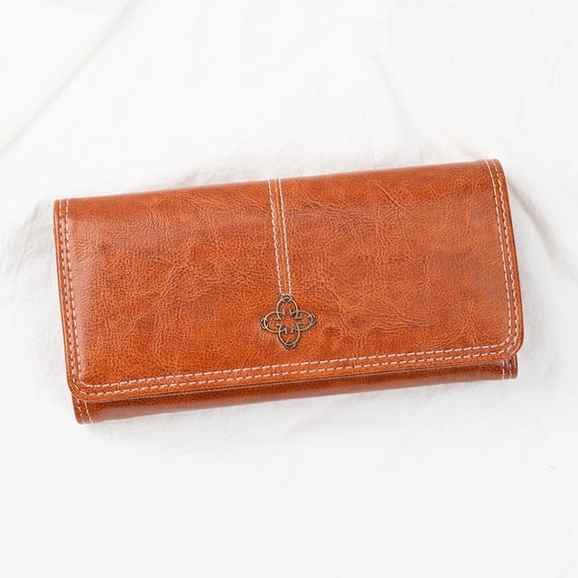 Cartera de mano larga para mujer Cartera de cuero encerado con aceite estilo vintage europeo y americano Cartera para múltiples tarjetas para mujer
