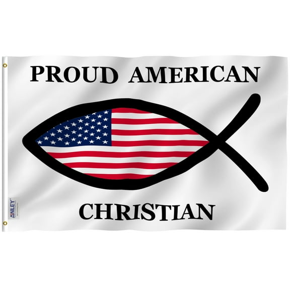 Anley Fly Breeze 3x5 Foot Proud American Christian Fish Flag - Vivid Color and Fade Proof - Canvas Header and Double Stitched - Christian American Flags Polyester with Brass Grommets 3 X 5 Ft