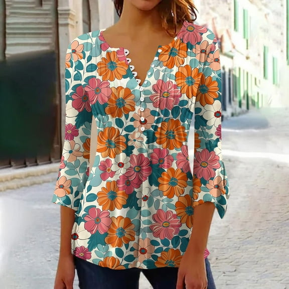 CYMMPU Loose Fit Button V Neck Flare Sleeve Floral Pattern Tunic Tops 3/4 Sleeve Blouses for Women Dressy Casual Summer Trendy Shirts Spring Tops Pleated Dressy T-Shirts 14