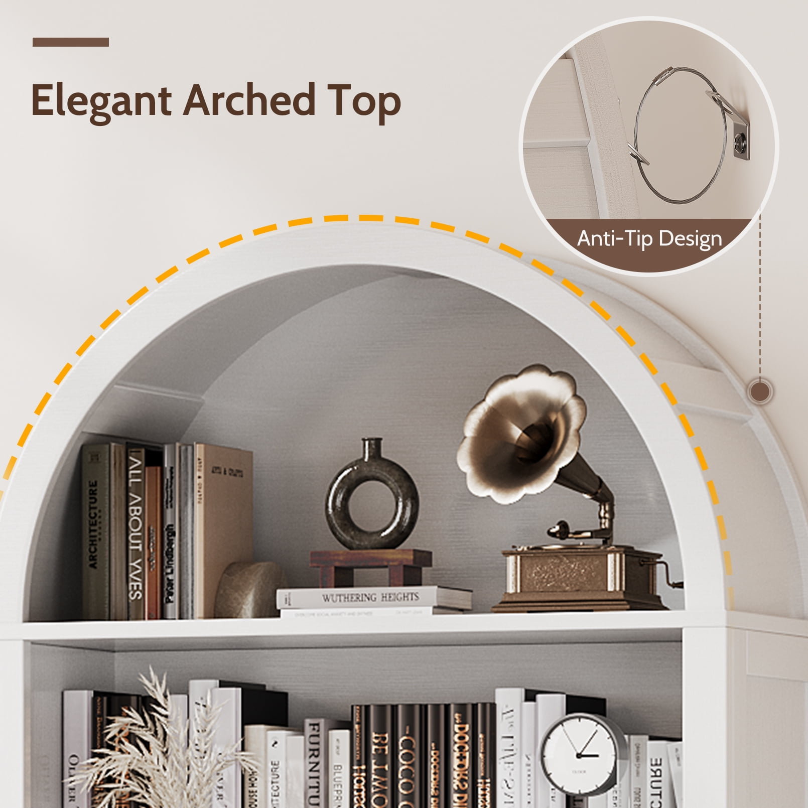 Vividwood Farmhouse Arched 6-Tier Bookshelf Bookcase with Doors, Tall Storage Cabinet, White