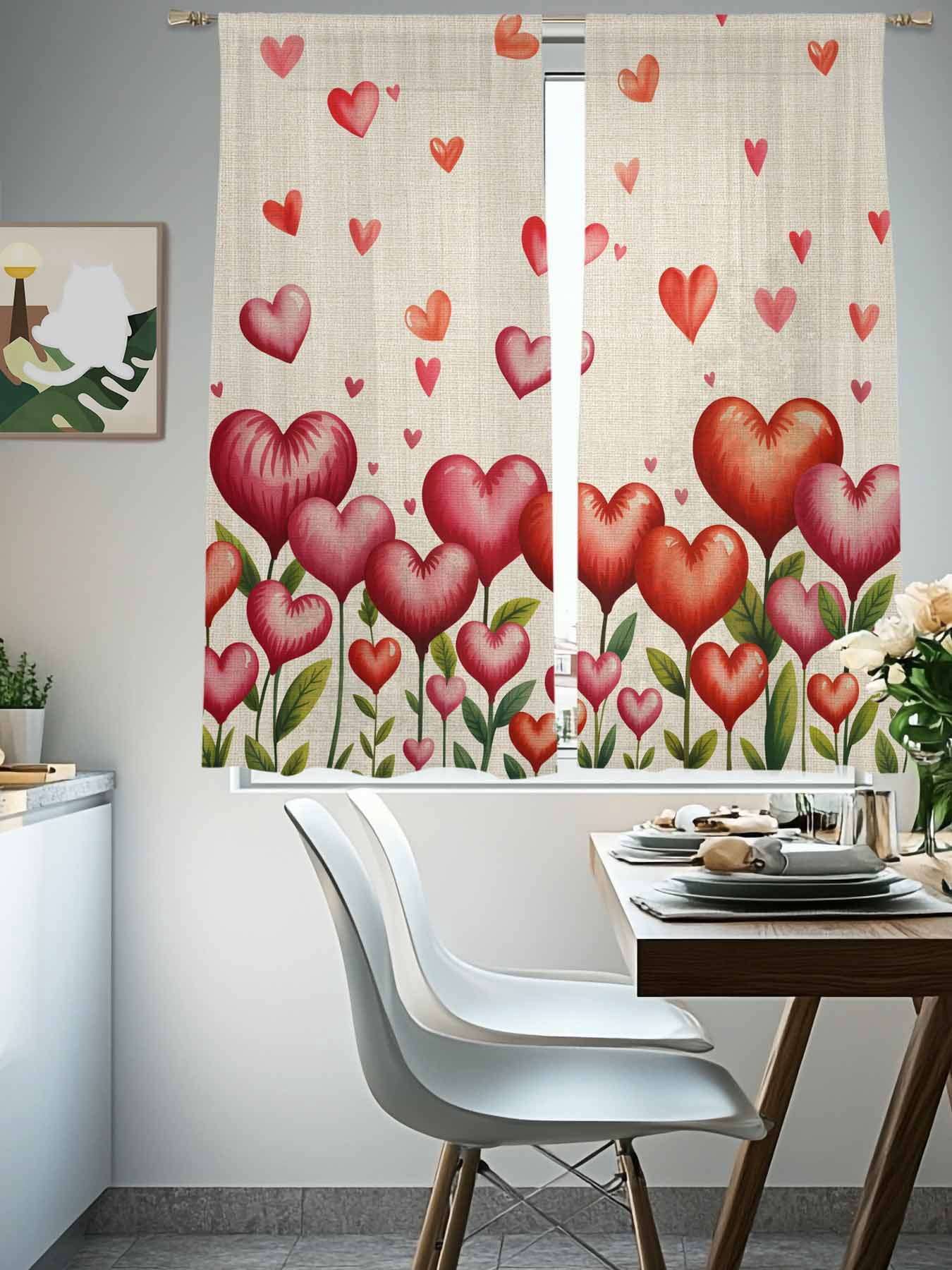 Valentine's Day Sheer Curtains 2 Panels Set Watercolor Red Pink Love Heart Floral Plant Linen Texture Sheer Window Curtains Light Filtering Rod Pocket Voile Drapes for Bedroom Living Room 52"X72"