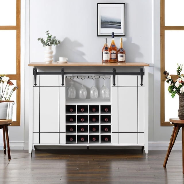 AKDSteel 47" Farmhouse Coffee Bar Cabinet – Wine Bar Sideboard with 16 Glass Rack, Storage Shelves & Sliding Barn Door, Buffet Cabinet for Kitchen & Dining Room