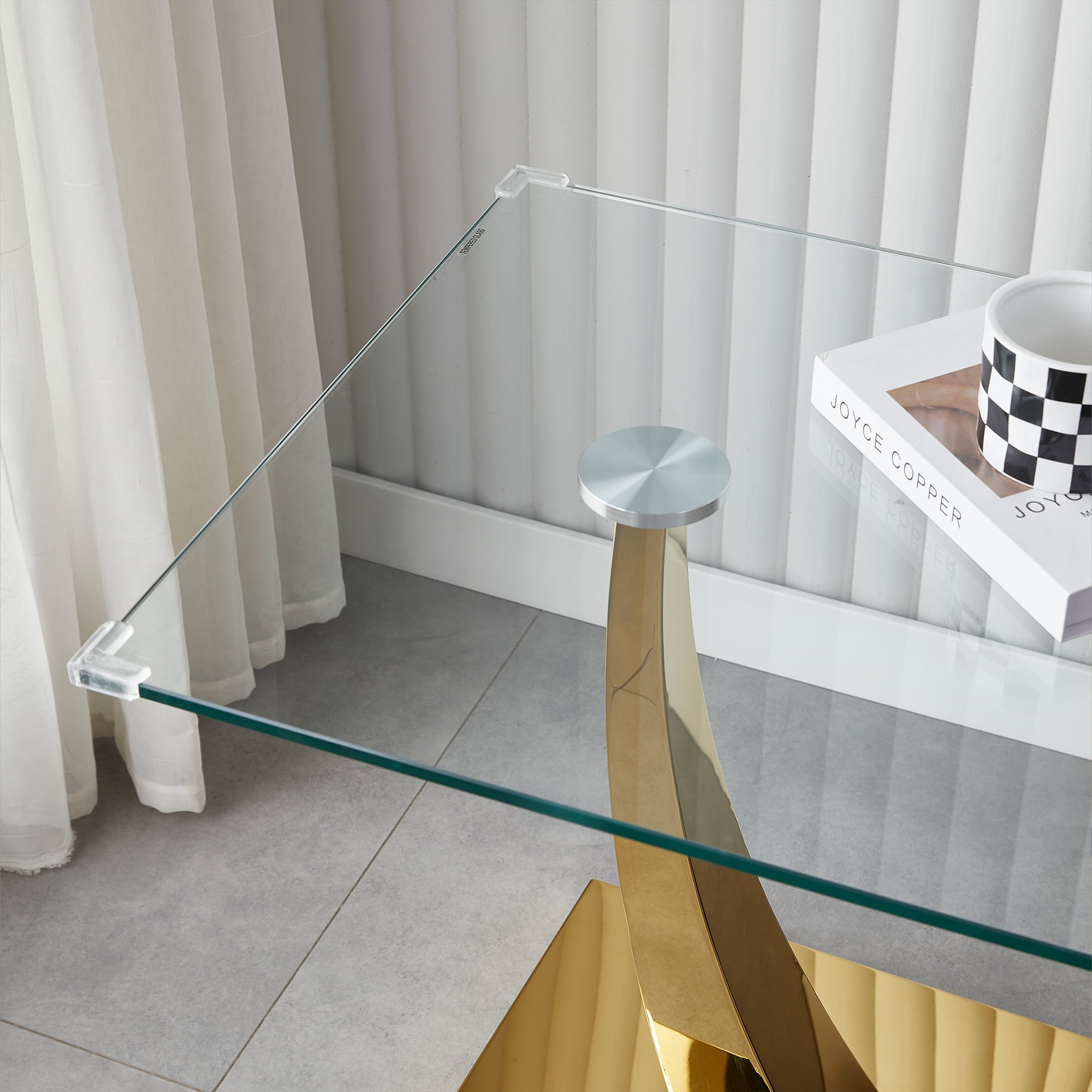 23.6" Modern Glass End Table, Square Sofa Side Coffee Table with Mirrored Stainless Steel Base for Living Room, Home Office.