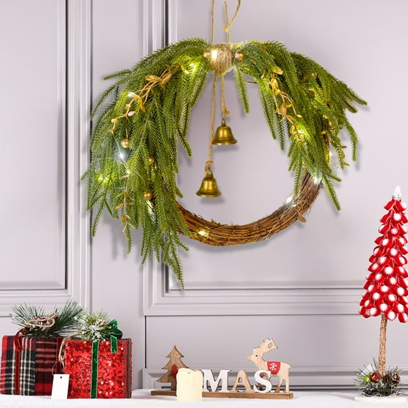 Christmas Wreath for Front Door Pine Needle Wreaths with Golden Bell Artificial Christmas Wreaths Indoor Fireplace Wall Window Home Decor Outdoor
