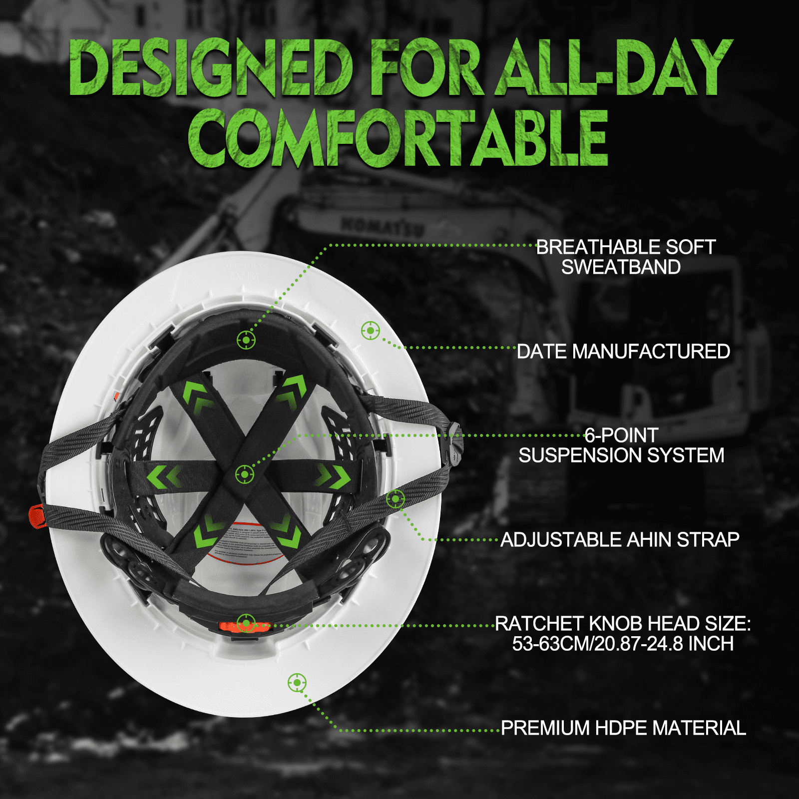 GREEN DEVIL Full Brim Hard Hat ANSI Z89.1 Type 1 Class C Certified Vented Construction Helmet with 6-Point Ratchet Suspension for Men Women