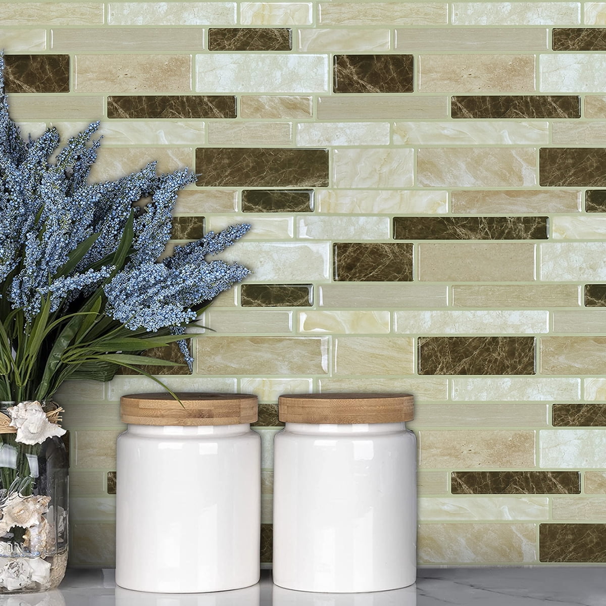 STICKGOO Brown Marble Peel and Stick Backsplash Tile for Kitchen and Bathroom(10 Pcs)
