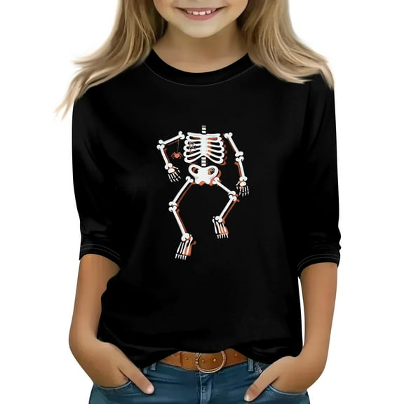 Abcomgle Halloween Shirts for Girls Size 7/8 Spooky Dancing Skeleton Graphic T-Shirts for Girls Crewneck 3/4 Raglan Sleeve Tshirts for Kids Fall Funny Scary Tee Top Girls,4-5 Years