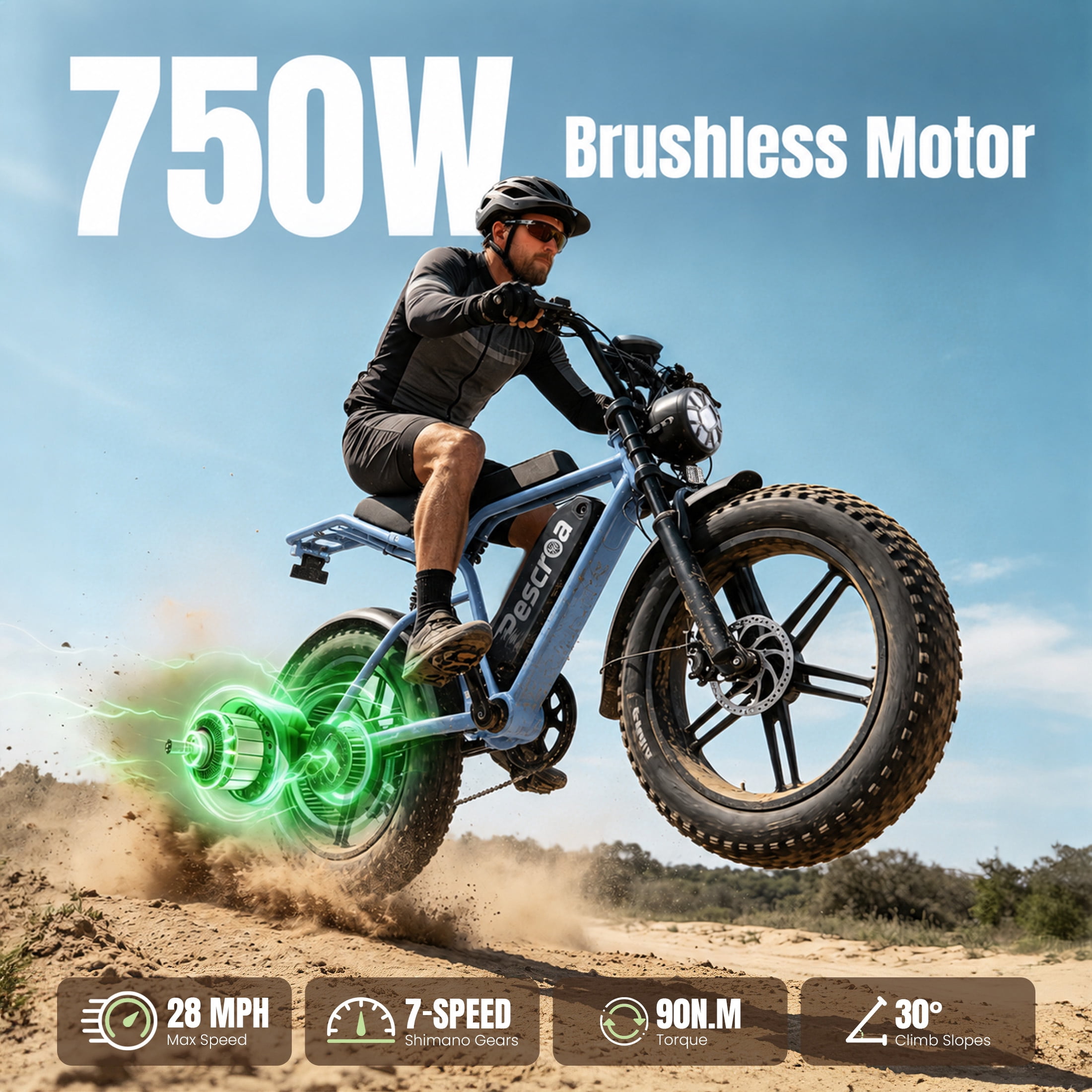 Pescroa E-Bikes for Adults, 750W Motor Electric Bike for Adults, 28MPH, 20" Fat Tire Electric Bike with 70-90 Miles, 7-Speed Electric Mountain Bike with APP Control