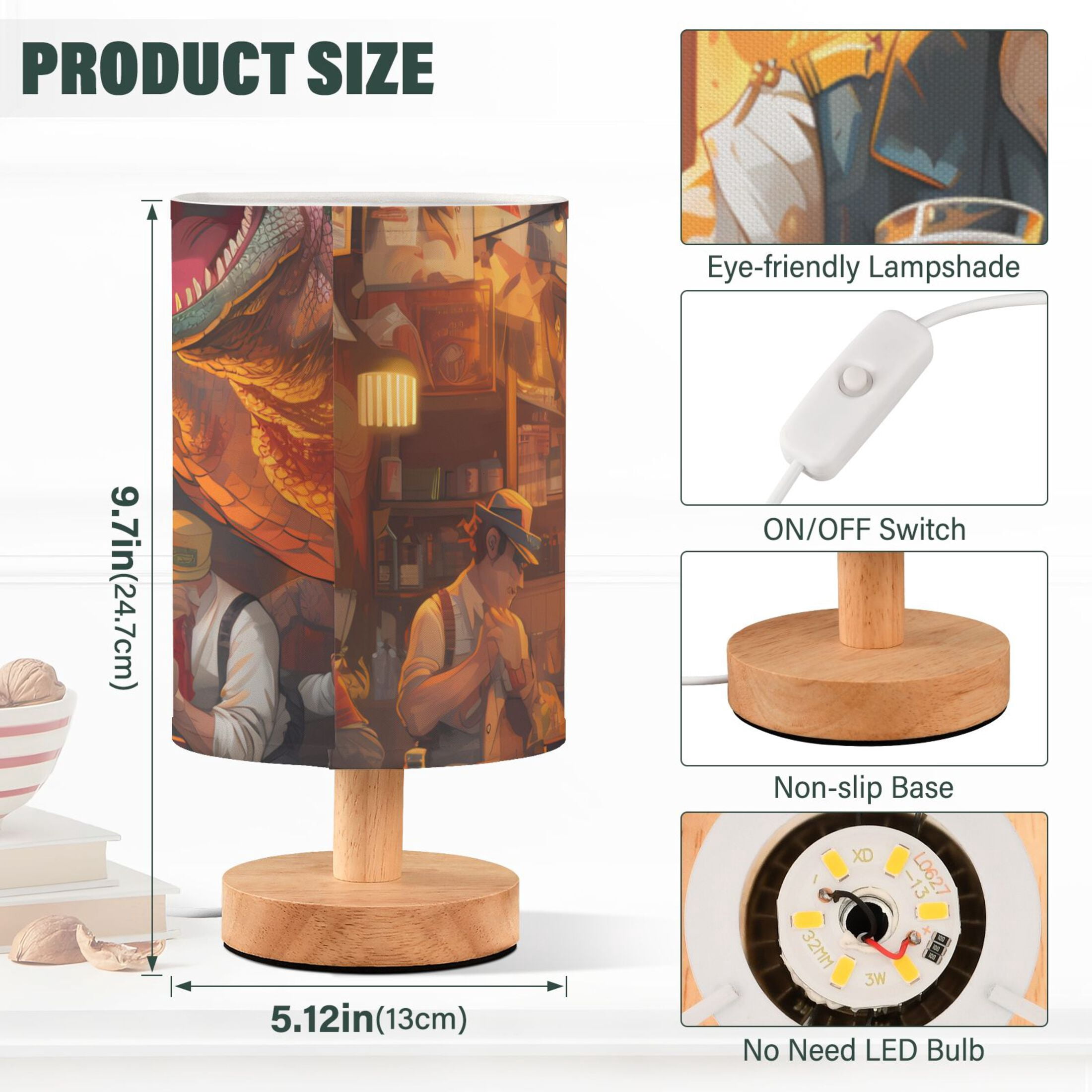 Dinosaurs Drink Desk Lamb Table Lamp USB Bedside Desk Nightstand Lamp Printed Gifts Small Lamp Wood Base for Bedroom Living Room Kids Room College Dorm