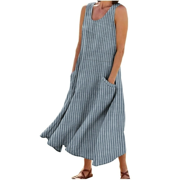 ZQUUVOU Women's Dress Stripe Sleeveless Cotton Linen Pocket Summer Beach Midi Dress Light Blue,M
