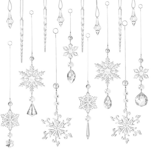 BOPORO 16 Pcs Christmas Crystal Snowflake Decorations Hanging Christmas Snowflake Ornament Sets Acrylic Icicle Decorations Crystal Snowflake for Christmas Tree