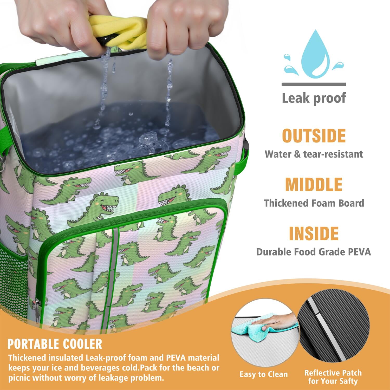 Travel Cooler Bag - Cute Green Dinosaurs Gradient Pattern Camping Beer Cooler Backpack with Bottle Opener- Waterproof Insulated Picnic Backpacks - Cooler Bag for Beach