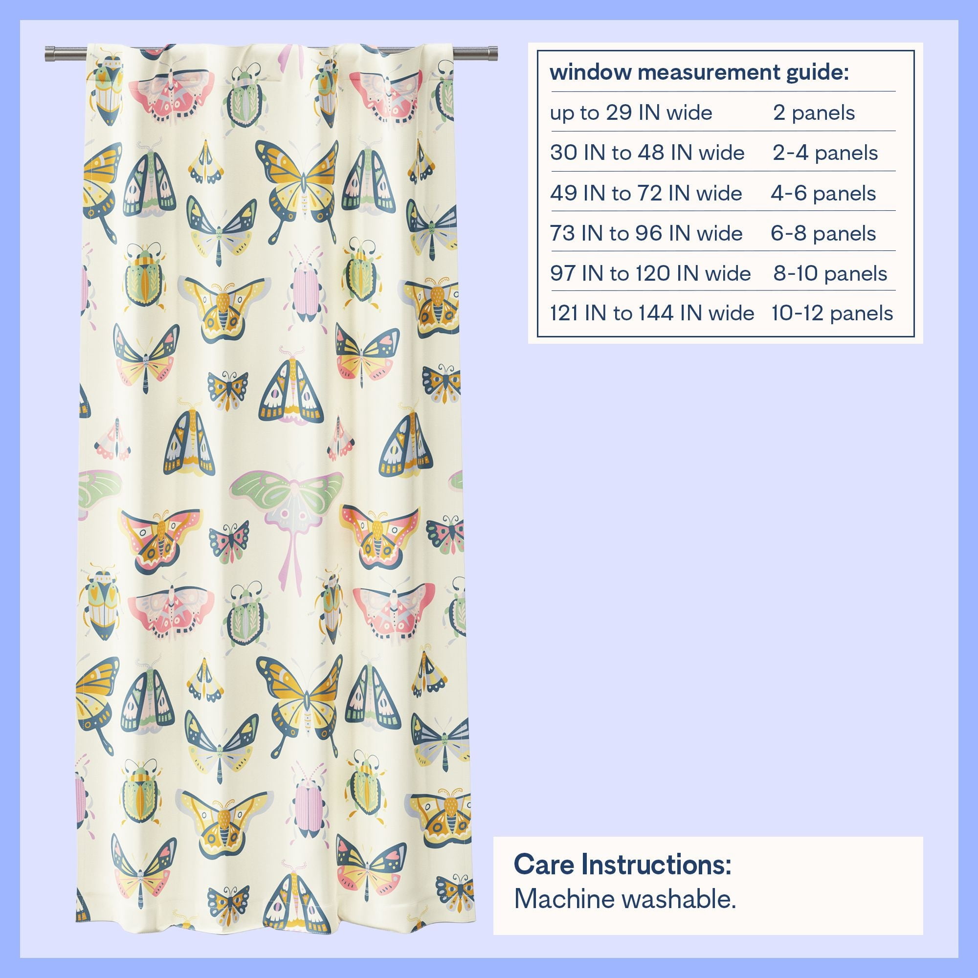 Mainstays Kids Multicolor Butterfly Printed Blackout Rod Pocket with Back Tabs Single Curtain Panel, Set of 1, 38" W x 63" L