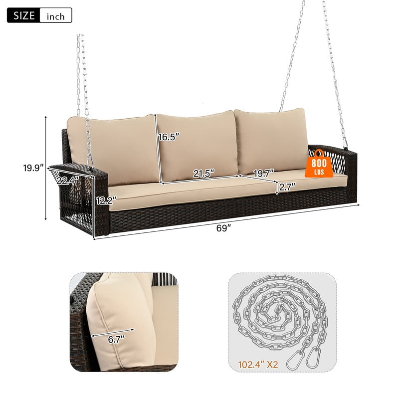3-Person 69" PE Wicker Porch Swing with Chains, All-Weather Large Patio Swing Bench with Cushions for Backyard, Garden, and Poolside