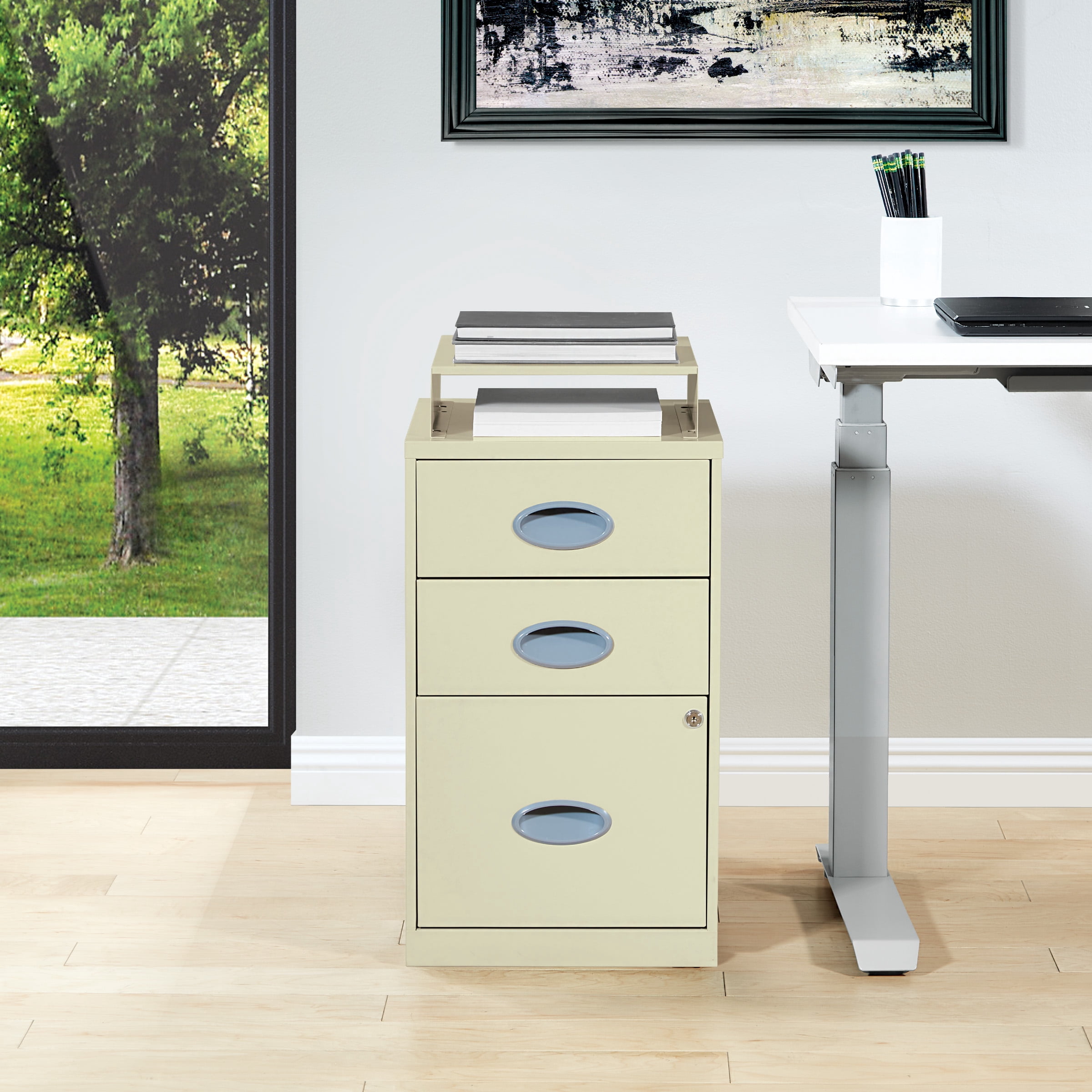3 Drawer Locking Metal File Cabinet w/ Top Shelf in Tan