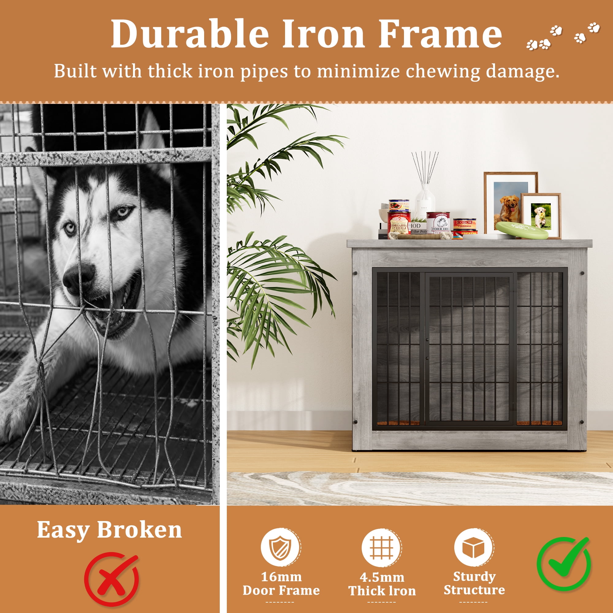 Furmax Wooden Indoor Dog Crate Furniture  with Double Doors and Thick Cushion,Gray