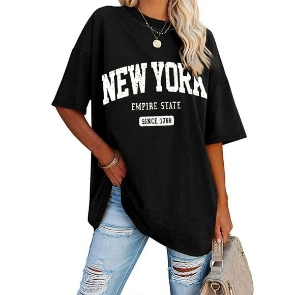 Women's Sweatshirt Summer Half Sleeved Long Shirt Vintage New York Letter Print Casual Fashion T Shirt Turtle Tees Womens T Shirts Women Tees And Tops Plain Tees for Women Valentines Day Shirts for