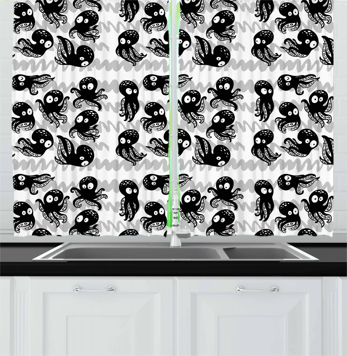 Octopus Curtains 2 Panels Set, Cartoon Ocean Animals in Various Expressions Sleepy Curious Zigzag Backdrop, Window Drapes for Living Room Bedroom, 55W X 39L Inches, Black Grey White, by Ambesonne