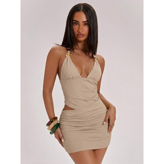 Women's / Khaki Metallic Decor Low Waist Asymmetrical Cutout Mini Dress