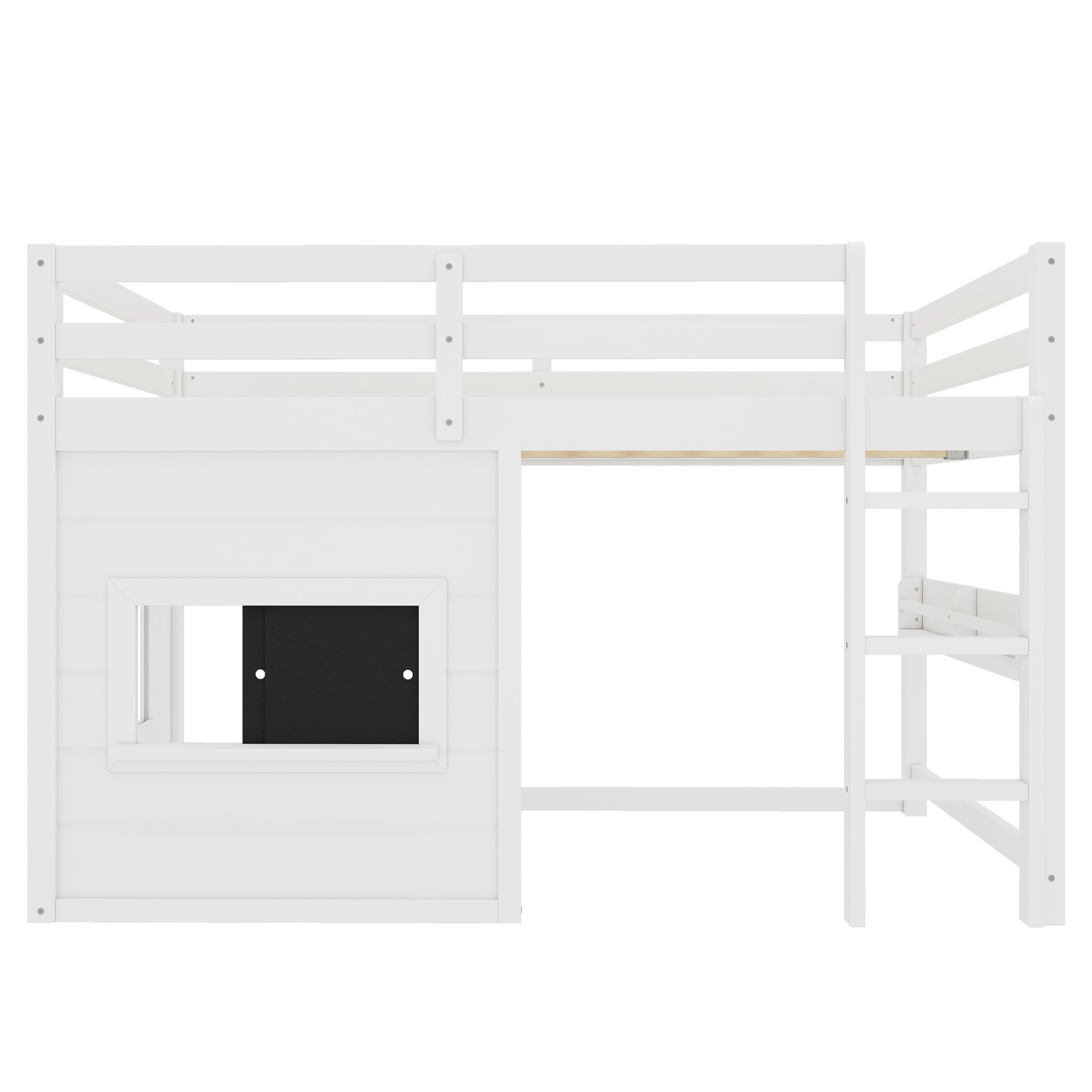 Leumius Full Size Loft Bed with Storage Shelves,Solid Wood Low Loft Bed Frame with Chalkboard and Bookshelf,Space Saving,White