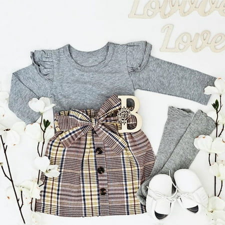 

2PCS Kids Baby Girl Clothes Long Sleeve T-shirt+Plaids Skirt Dress Outfits Gray 4-5 Years