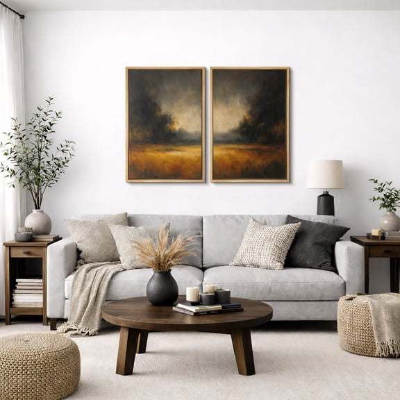 Framed Canvas Print Vintage Landscape Wall Art Set of 2 Rustic Decorative for Living Room Bedroom - 16"x24"x2 NATURAL