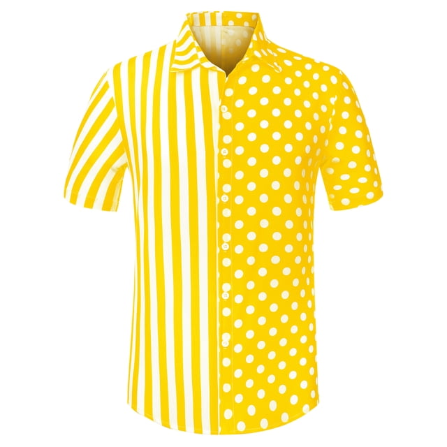 INSPIRE CHIC Camisa hawaiana de manga corta con botones y lunares a rayas de verano para hombre Amarillo blanco XXL