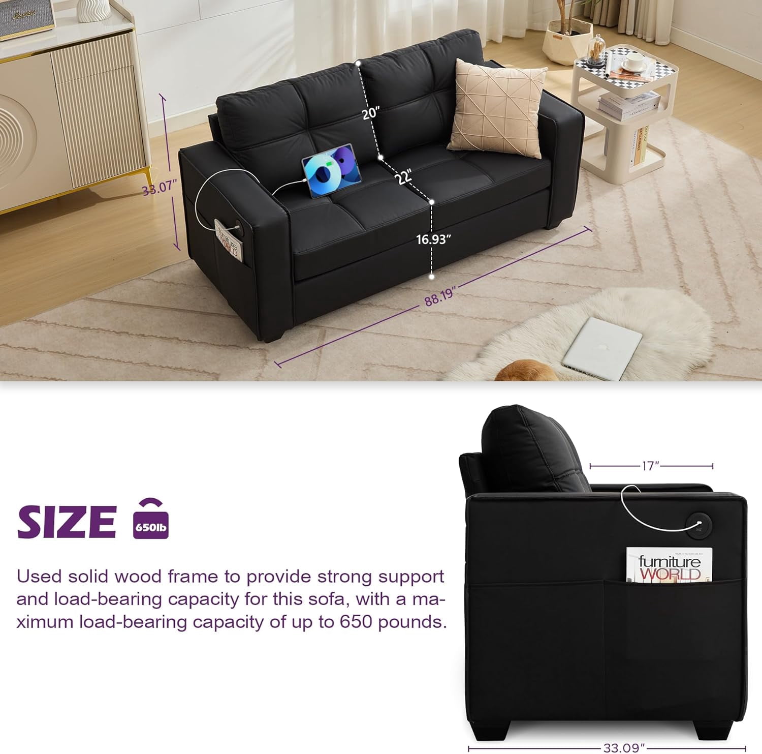 LAZZO 65" Loveseat Sofa with USB Charging Ports, 2-Seat Faux Leather Couch for Living Room & Office, Black