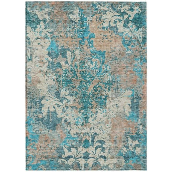 HomeRoots 596393 3 x 5 ft. Teal Blue, Ivory & Light Brown Damask Washable Indoor & Outdoor Rectangle Area Rug