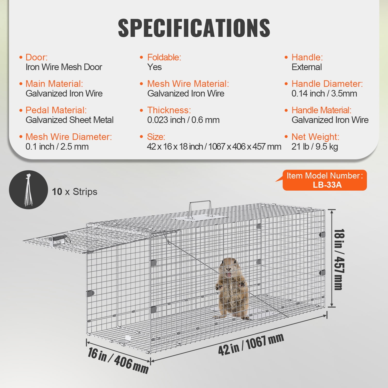 KFFKFF Humane Animal Trap 42" x 16" x 18", Foldable Cage with Carrying Handle for Capturing Stray Dogs, Cats, Raccoons & More