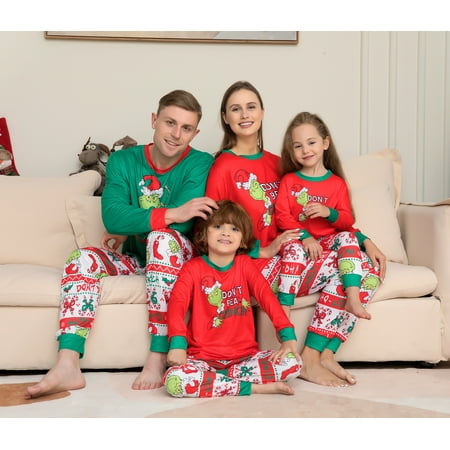 

Christmas Print Green Red Family Matching Long-sleeve Pajamas Set Full Print Classic Christmas Pajamas Holiday Sleepwear Xmas Jammies for Family